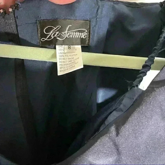 NEW La Femme Off Shoulder Ruched Satin Trumpet Gown - Picture 5 of 10